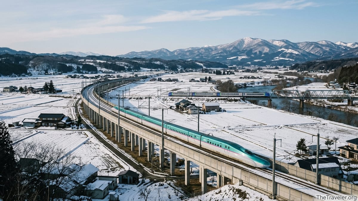 Tohoku Shinkansen and a limited express train crossing snowy northern Japan countryside.