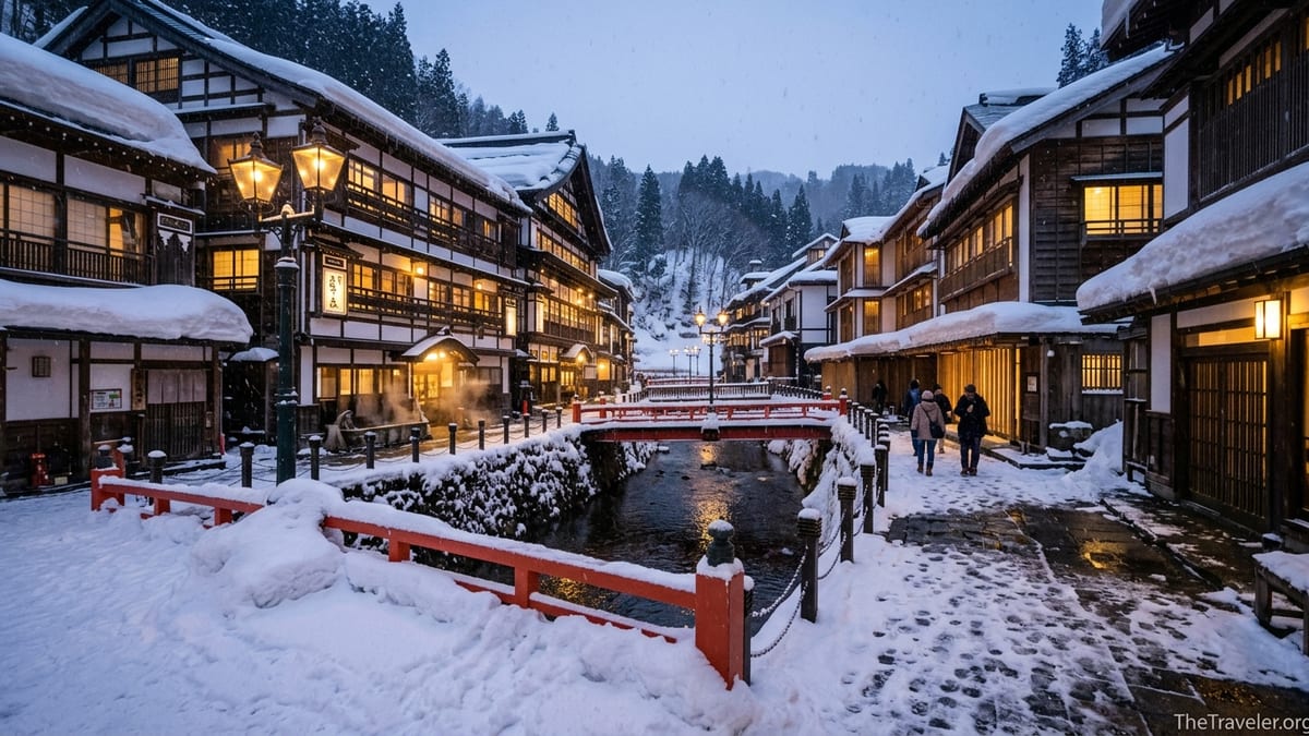 Snow-covered Ginzan Onsen hot spring town at dusk with glowing lamps and river.