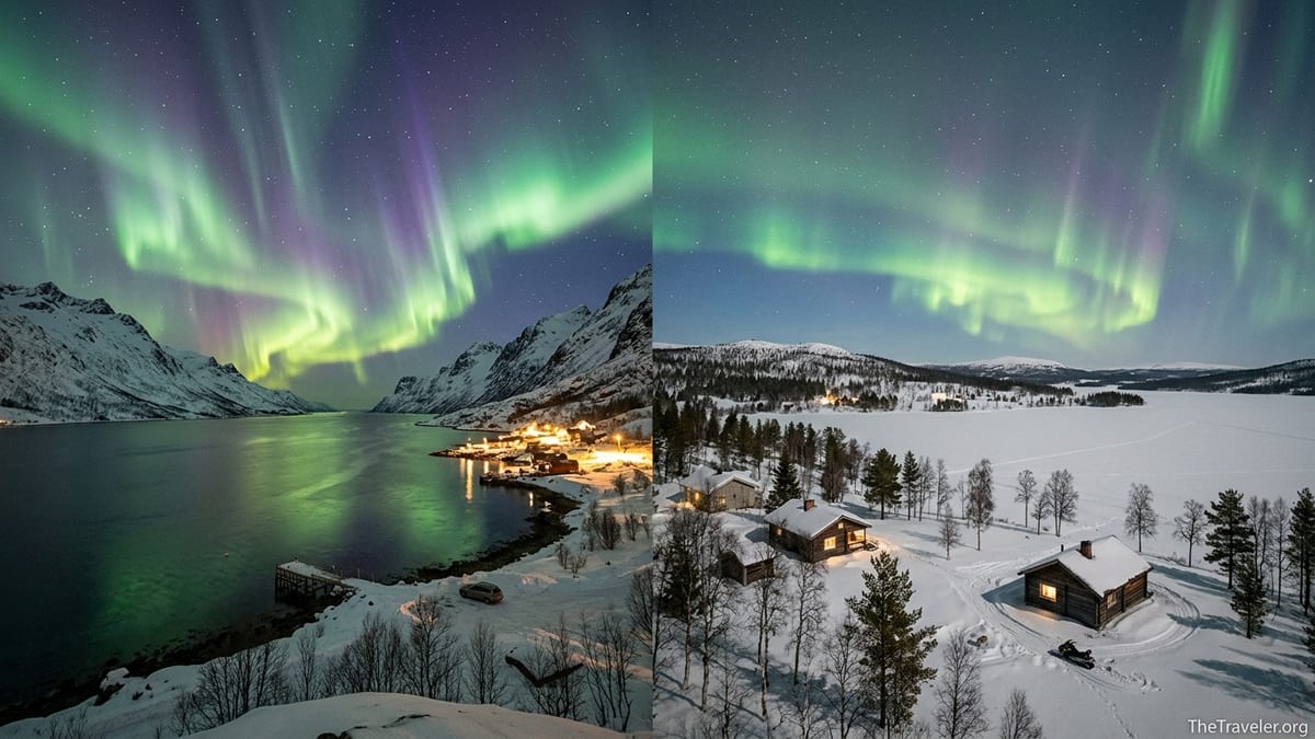 Northern Lights over a Norwegian fjord and Finnish Lapland forest under a clear winter sky.