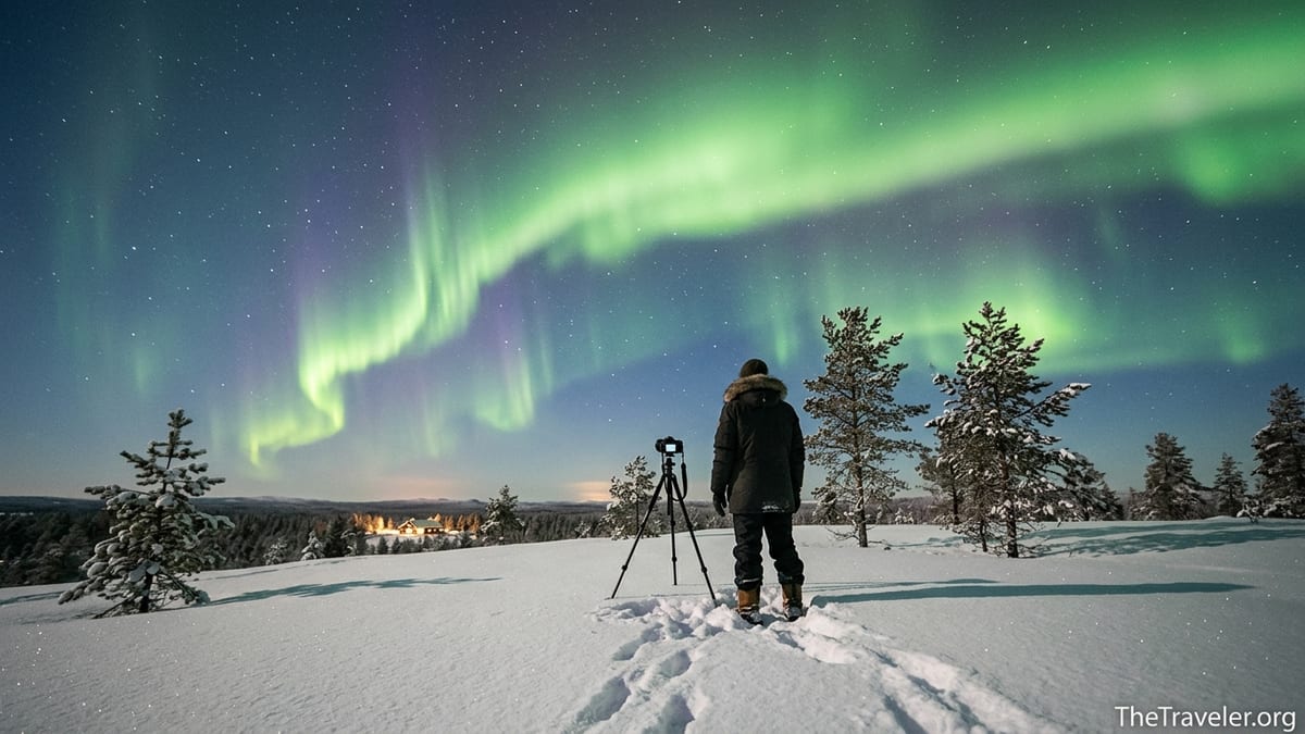 Traveler watching the Northern Lights from a snowy hill in Finnish Lapland at night.