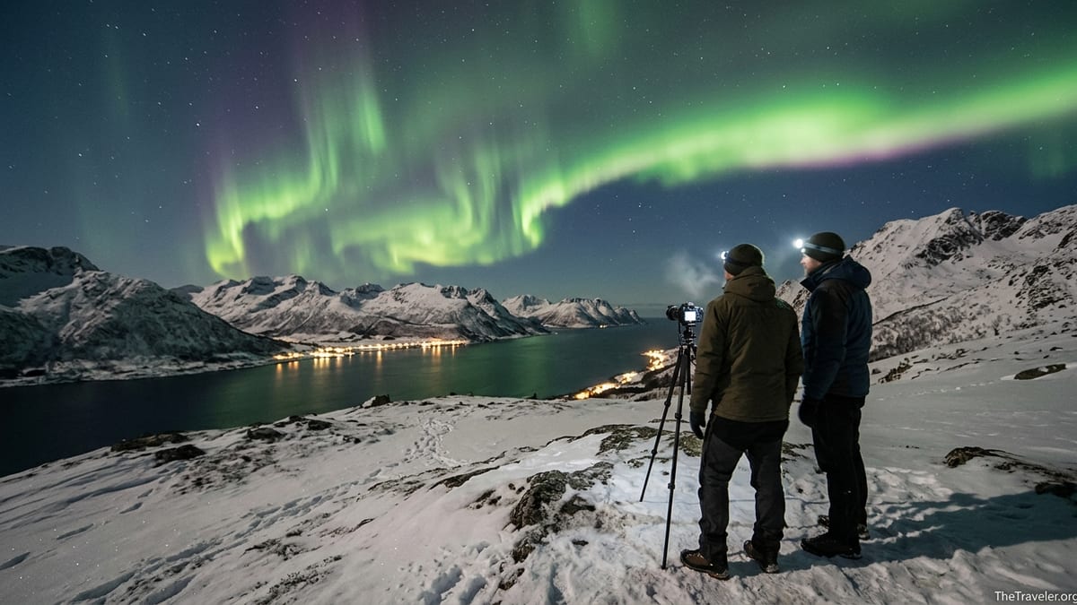 Travelers photograph the northern lights above a snowy fjord landscape in northern Norway at night.