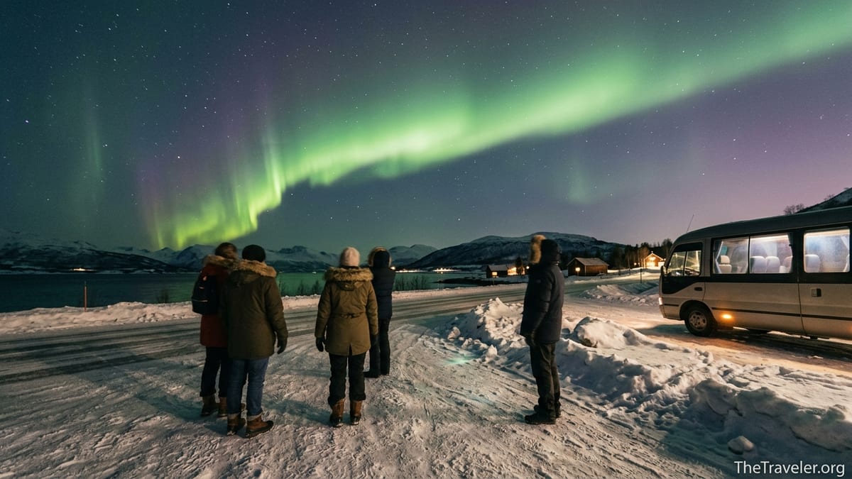 Travelers on a snowy roadside near Tromsø watching bright green Northern Lights arc across a clear night sky.