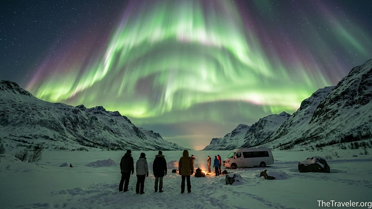 Travelers stand in snowy Norwegian fjord valley at night under vivid green and purple northern lights.