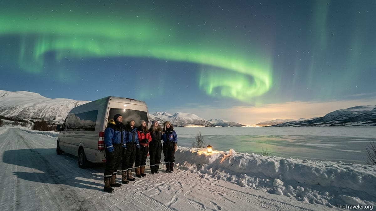 Small group on a winter tour watching the Northern Lights above snowy Norwegian mountains.