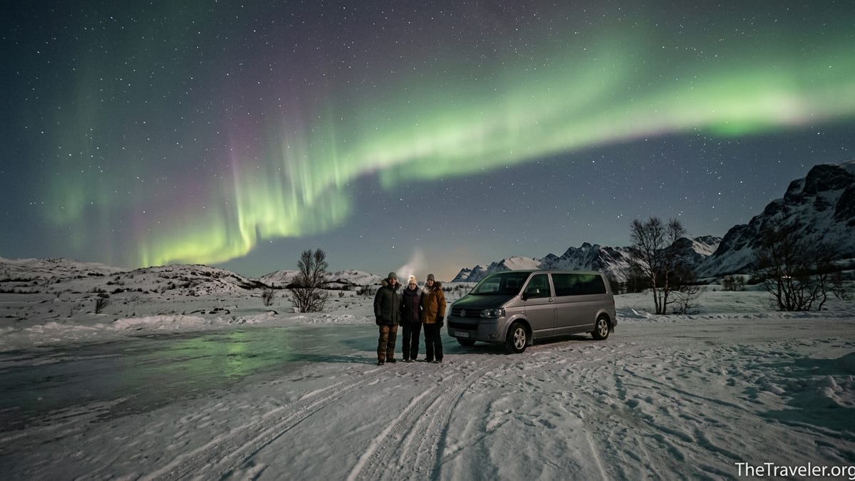 Small group of winter travelers watching the Northern Lights above snowy hills near a tour van.