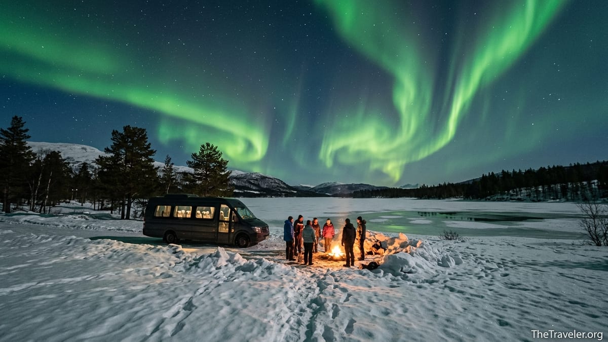 Small tour group watching the northern lights above a snowy lakeshore near Tromsø at night.