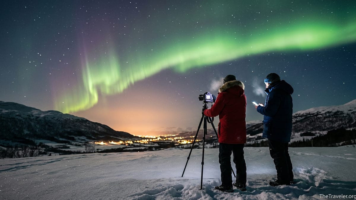 Two travelers on a snowy hill watching vivid Northern Lights above an Arctic valley at night.