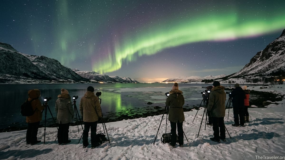 Travelers on a snowy Norwegian shoreline watching vivid green Northern Lights over a dark fjord at night.