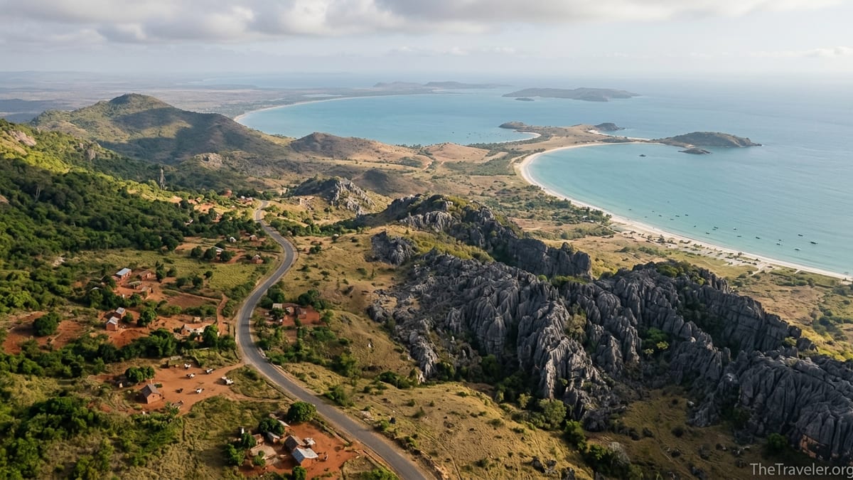 Aerial view of road, tsingy formations and Diego Suarez bay in northern Madagascar