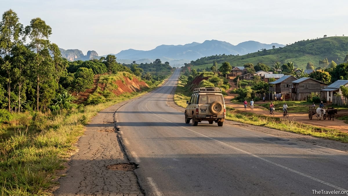 Paved RN6 highway in northern Madagascar with a 4x4 driving through green hills toward distant mountains at sunrise.