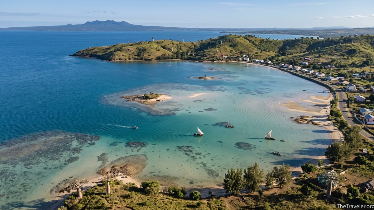 Aerial view of Diego Suarez bay and the turquoise Emerald Sea in northern Madagascar.