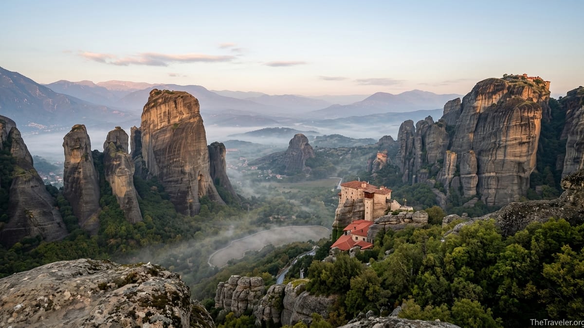 Sunrise over Meteora monasteries on rock pillars in northern Greece