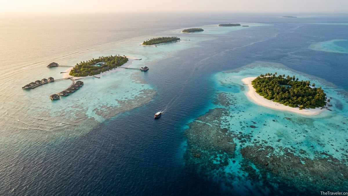 Aerial view of northern Maldives islands with overwater villas and turquoise reefs at golden hour.