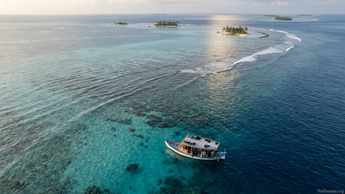 Aerial view of a dive boat over a reef edge in the northern Maldives at golden hour.