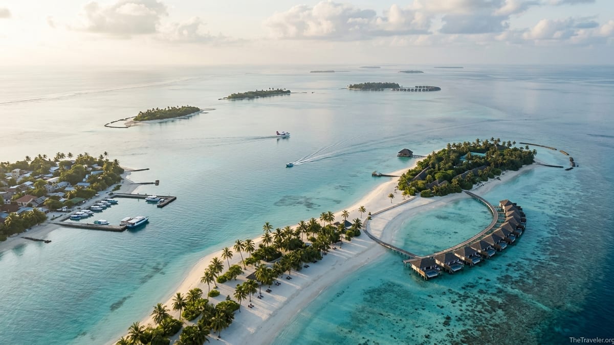 Aerial sunrise view of northern Maldives islands with resort jetties, local village and boats crossing a turquoise lagoon.