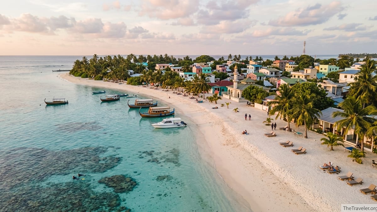 A northern Maldives local island with guesthouses, village streets and a white-sand beach curving into a turquoise lagoon.