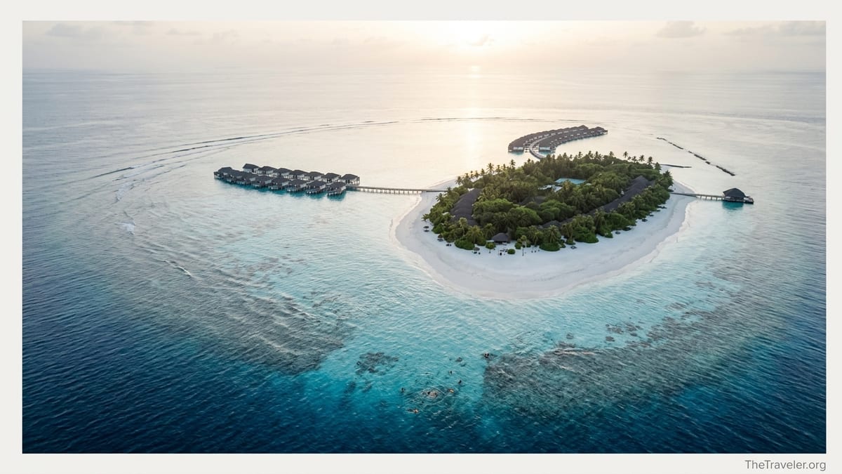 Aerial view of a northern Maldives island with curving overwater villa jetties over a turquoise lagoon at sunrise.