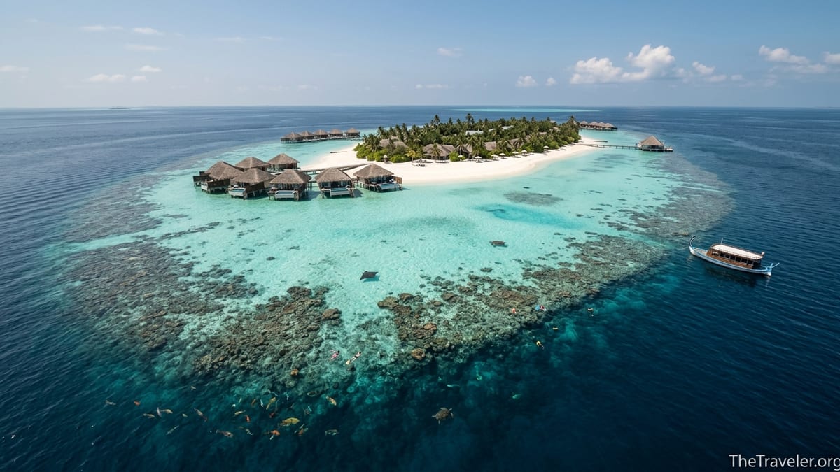 Aerial view of a northern Maldives island with house reef, snorkelers and a manta ray in clear turquoise water.