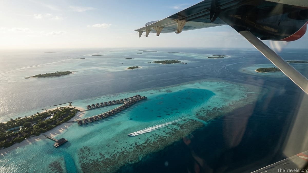 A seaplane flies low over remote northern Maldives islands, with a resort and speedboat below.