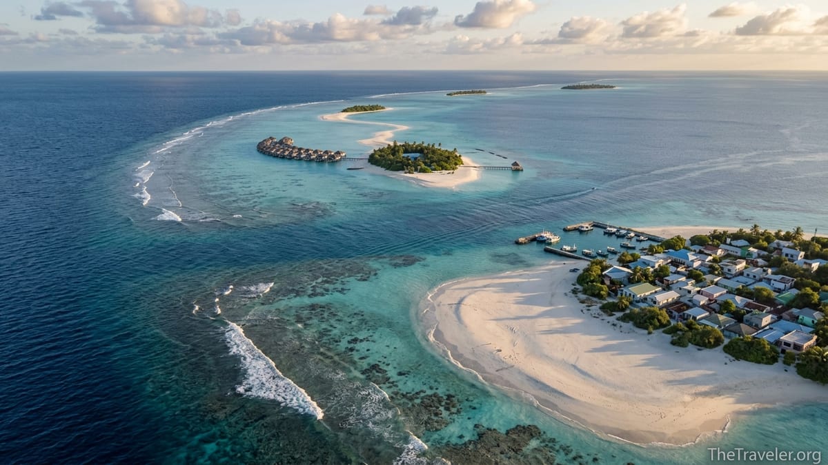Aerial view of northern Maldives islands with overwater villas, local village and turquoise reefs at golden hour.
