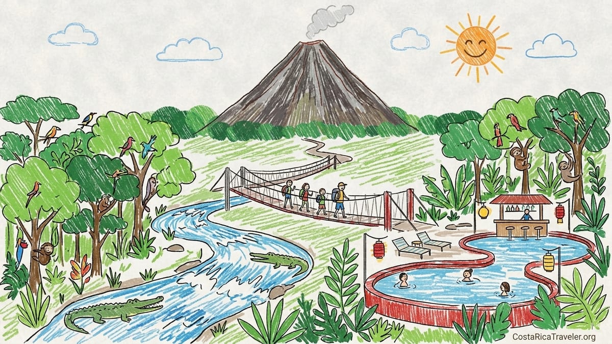 Arenal Volcano above lush rainforest and steaming hot spring pools in Costa Rica’s Northern Plains.