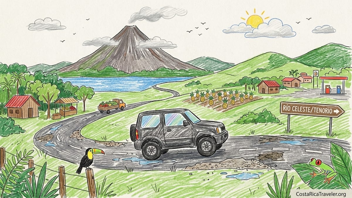 Small 4x4 parked on a wet rural highway in Costa Rica’s Northern Plains with volcano and wetlands in the distance.