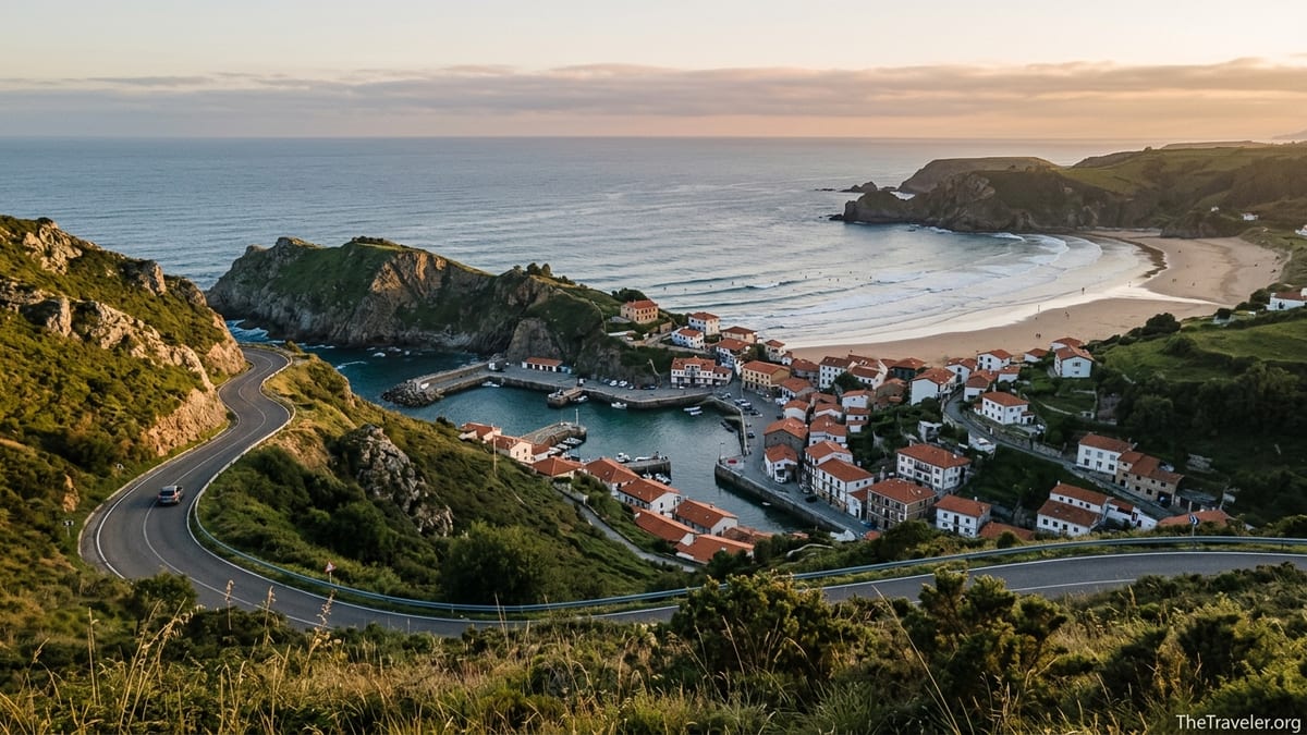 Aerial view of a winding coastal road above a fishing village on Spain’s green northern coast at sunset.