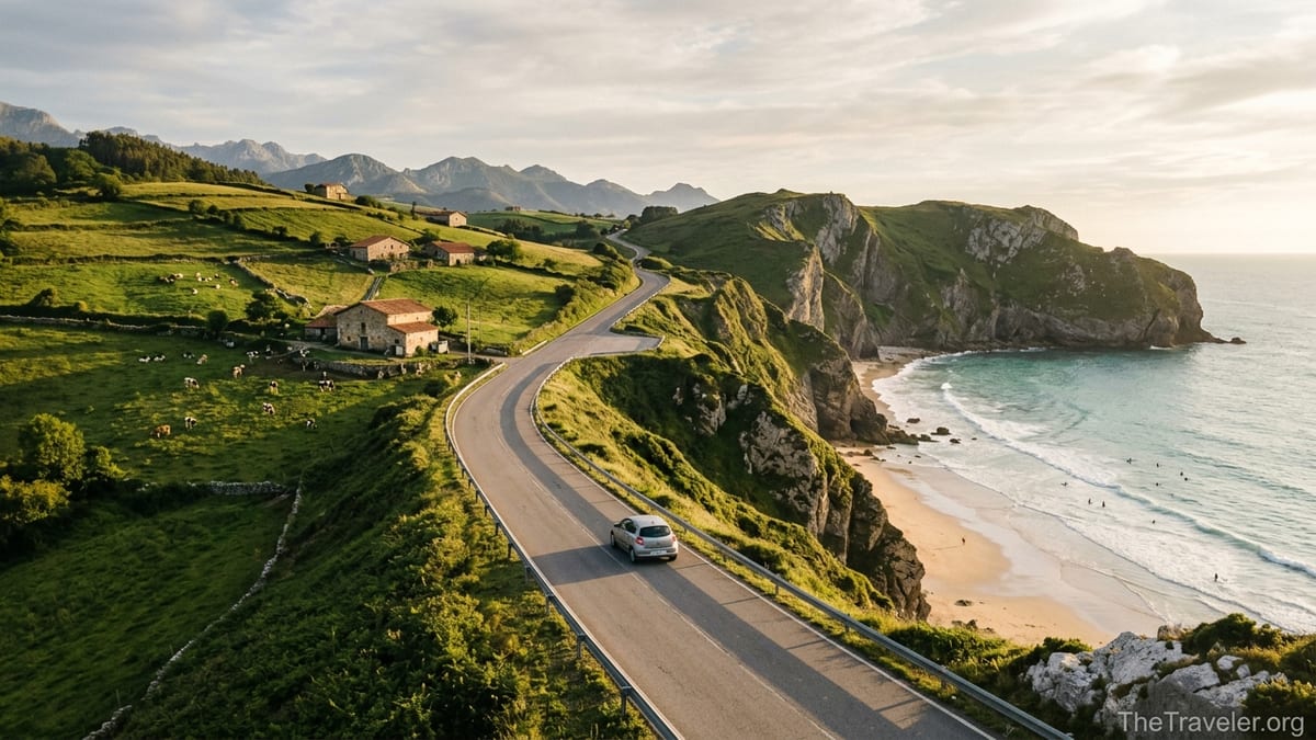 Coastal road above green cliffs and beach on Northern Spain’s Cantabrian coast at golden hour.