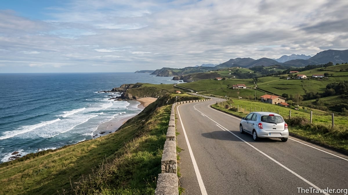 Curving coastal road above the Bay of Biscay with car driving between green hills and cliffs in northern Spain.
