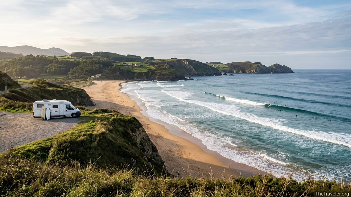 Clifftop view of surfers and a coastal road with campervan on Spain’s rugged northern Atlantic coast.