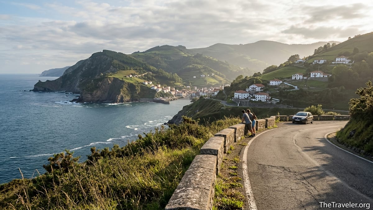 Coastal road and travelers overlooking cliffs and village in northern Spain at sunset.
