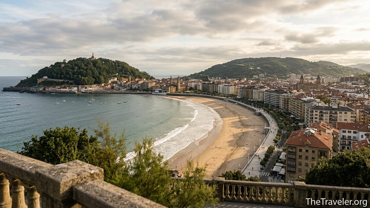 Golden hour view over San Sebastián and La Concha Bay on Spain’s northern coast
