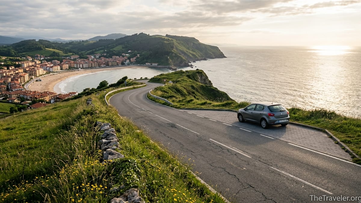 Coastal road overlooking a green cliff-lined bay and seaside town in northern Spain at sunset.