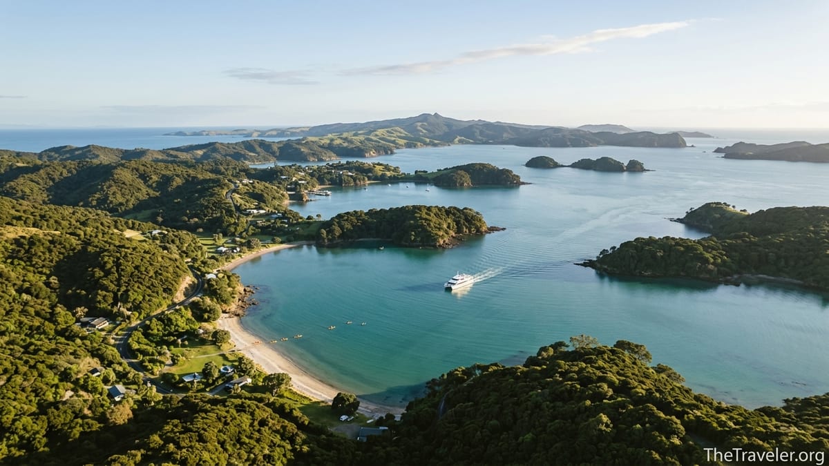 Aerial view of Northland’s Bay of Islands with forested headlands, sandy beaches and a cruise boat on turquoise water.