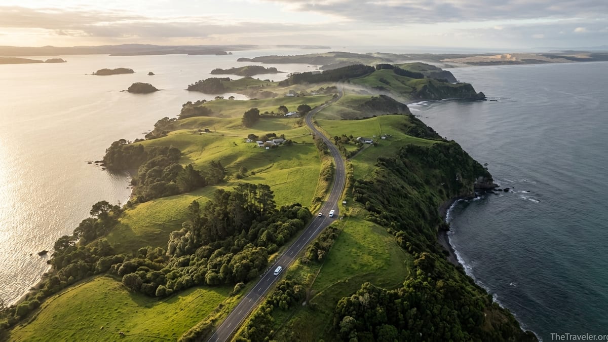 Aerial view of Northland’s Twin Coast Discovery Highway between two coastlines at sunrise.