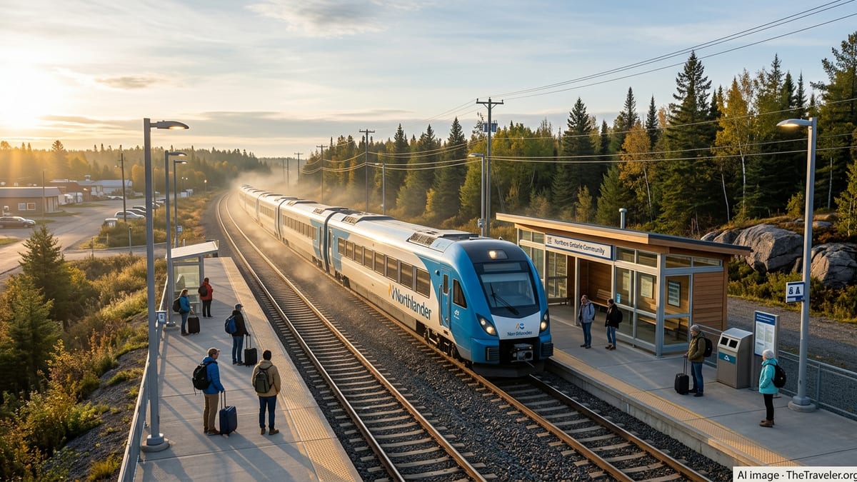 Modern Northlander train arriving at a small northern Ontario station at sunrise with passengers waiting on the platform.