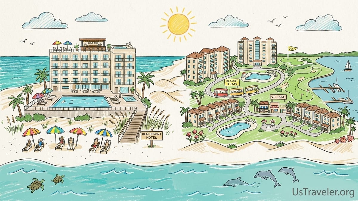 Aerial view of Northwest Florida beachfront resorts with pools, towers and white-sand shoreline at golden hour.