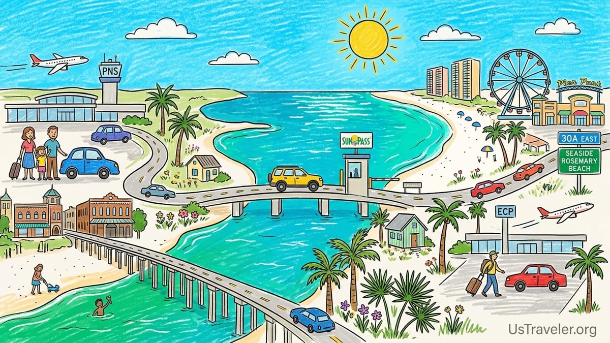 A car driving a coastal highway along white-sand beaches and emerald Gulf waters in Northwest Florida.