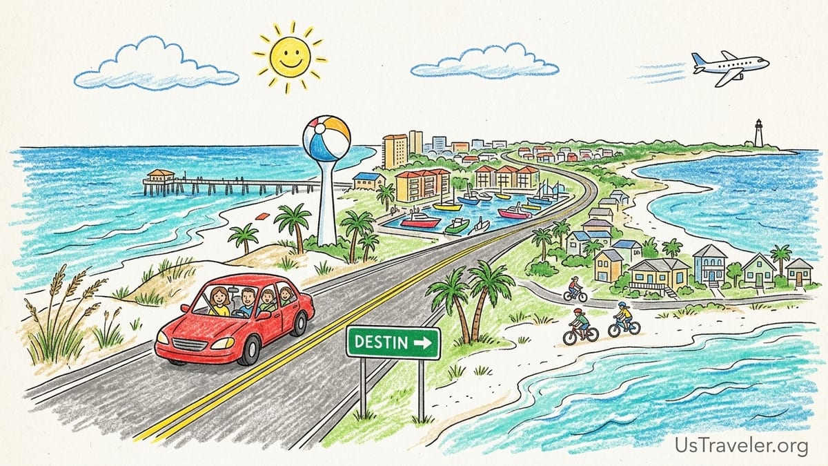 Aerial view of Northwest Florida’s Emerald Coast highway running beside white sand beaches and turquoise Gulf water.
