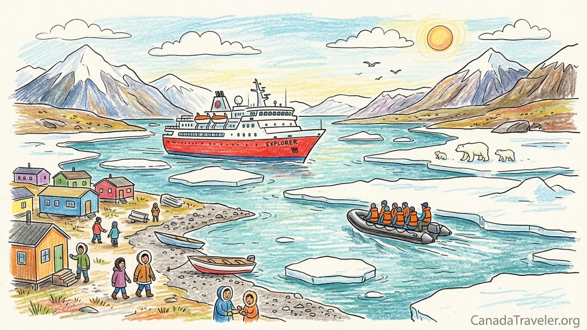 Expedition cruise ship navigating through Arctic sea ice near a rugged Canadian Arctic coastline.