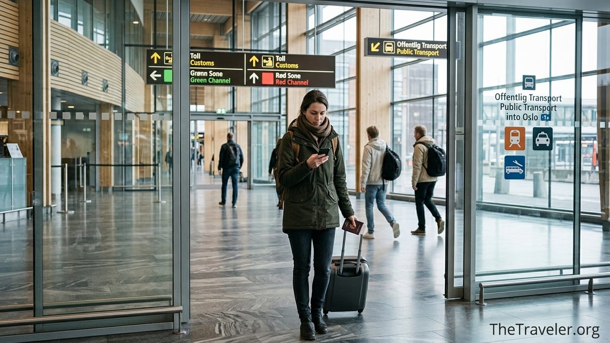 Traveler outside arrivals at Oslo airport checking passport and phone near customs signs.