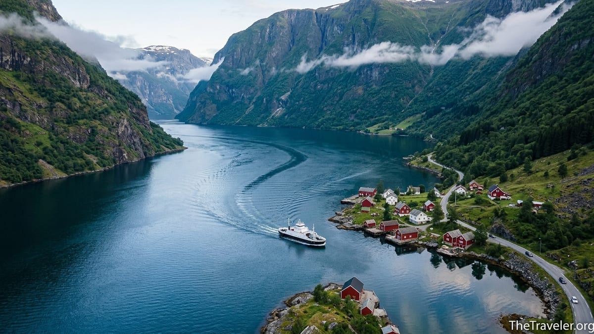 Aerial view of a ferry and village on a steep sided Norwegian fjord in morning light.