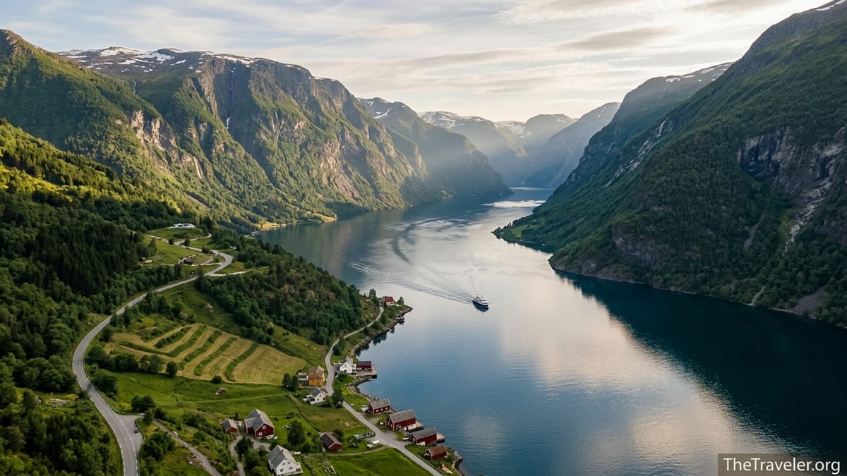 A small boat cruises through Norway’s Geirangerfjord between steep green mountains at golden-hour light.