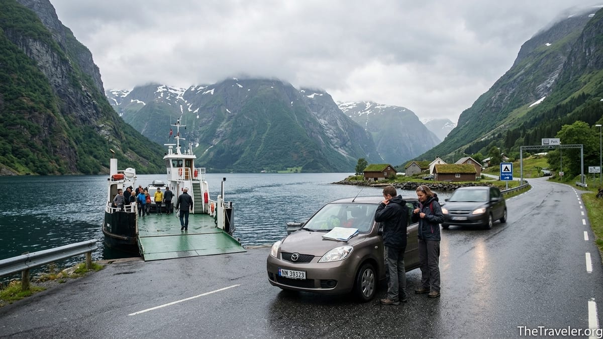 Travelers by a rental car on a rainy Norwegian fjord road after a small ferry crossing.