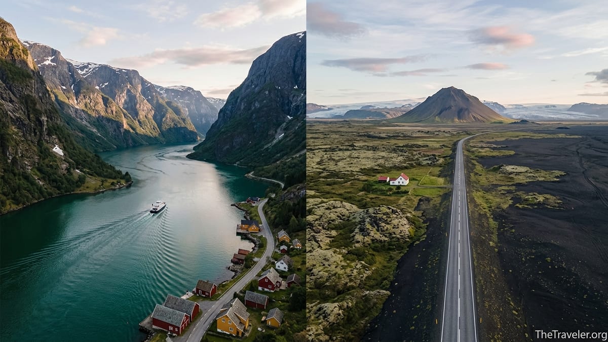 Aerial view contrasting a Norwegian fjord village with an Icelandic volcanic roadscape at summer sunset.