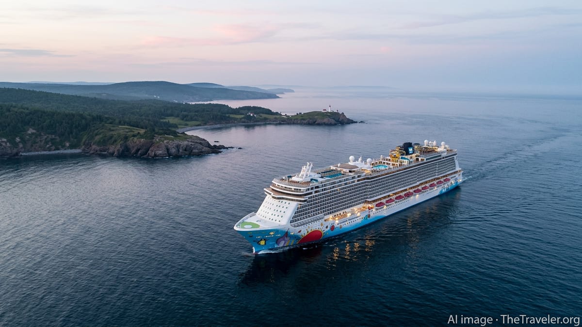 Norwegian Breakaway cruising off a rocky North American coastline at twilight.