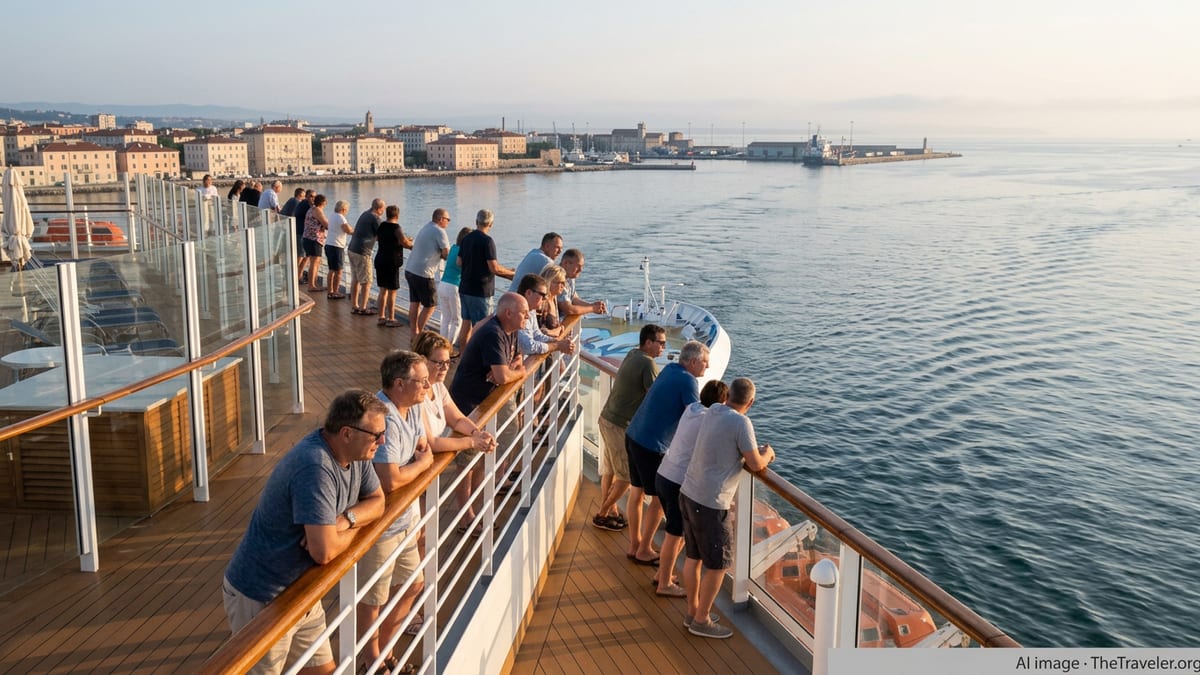 Passengers on a Norwegian cruise ship deck at sunrise approaching a European harbor in 2026.