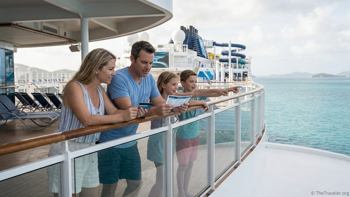 Family on deck of a Norwegian Cruise Line ship reviewing a credit card and excursion plans at sea.