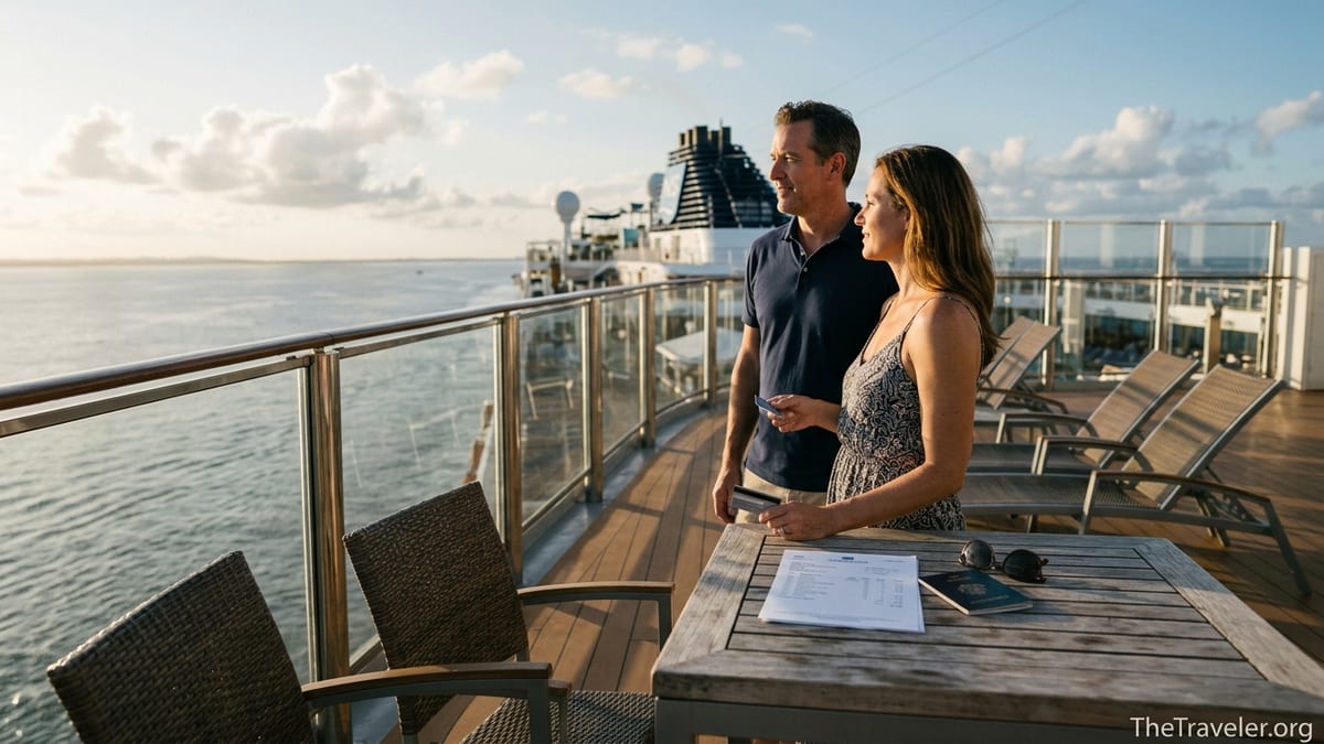 Couple on a Norwegian cruise ship deck reviewing credit card and onboard charges at sunset.