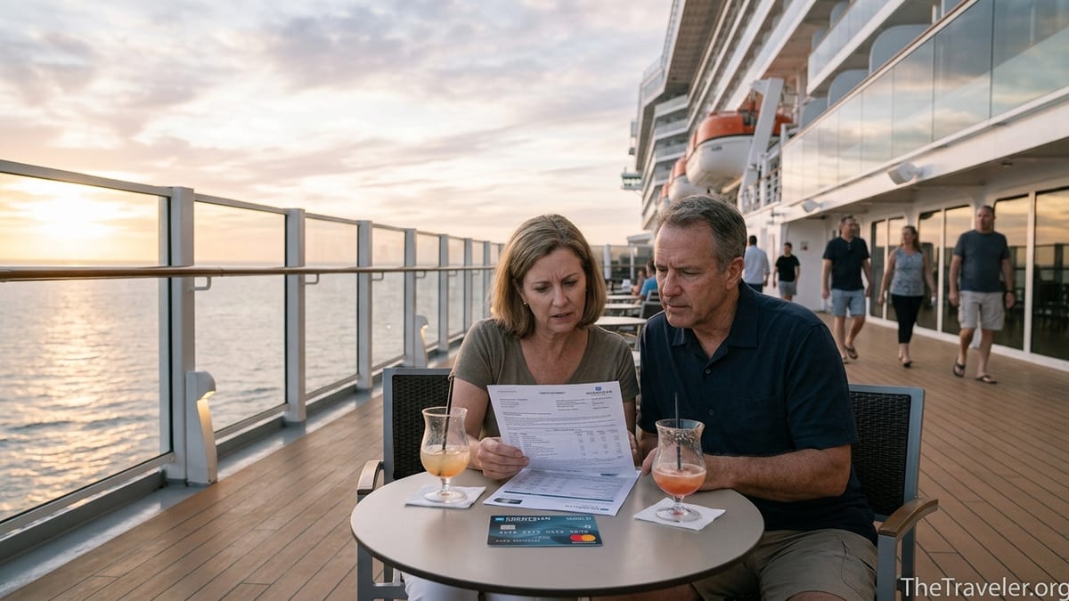 Couple on Norwegian cruise ship deck reviewing credit card bill at sunset.